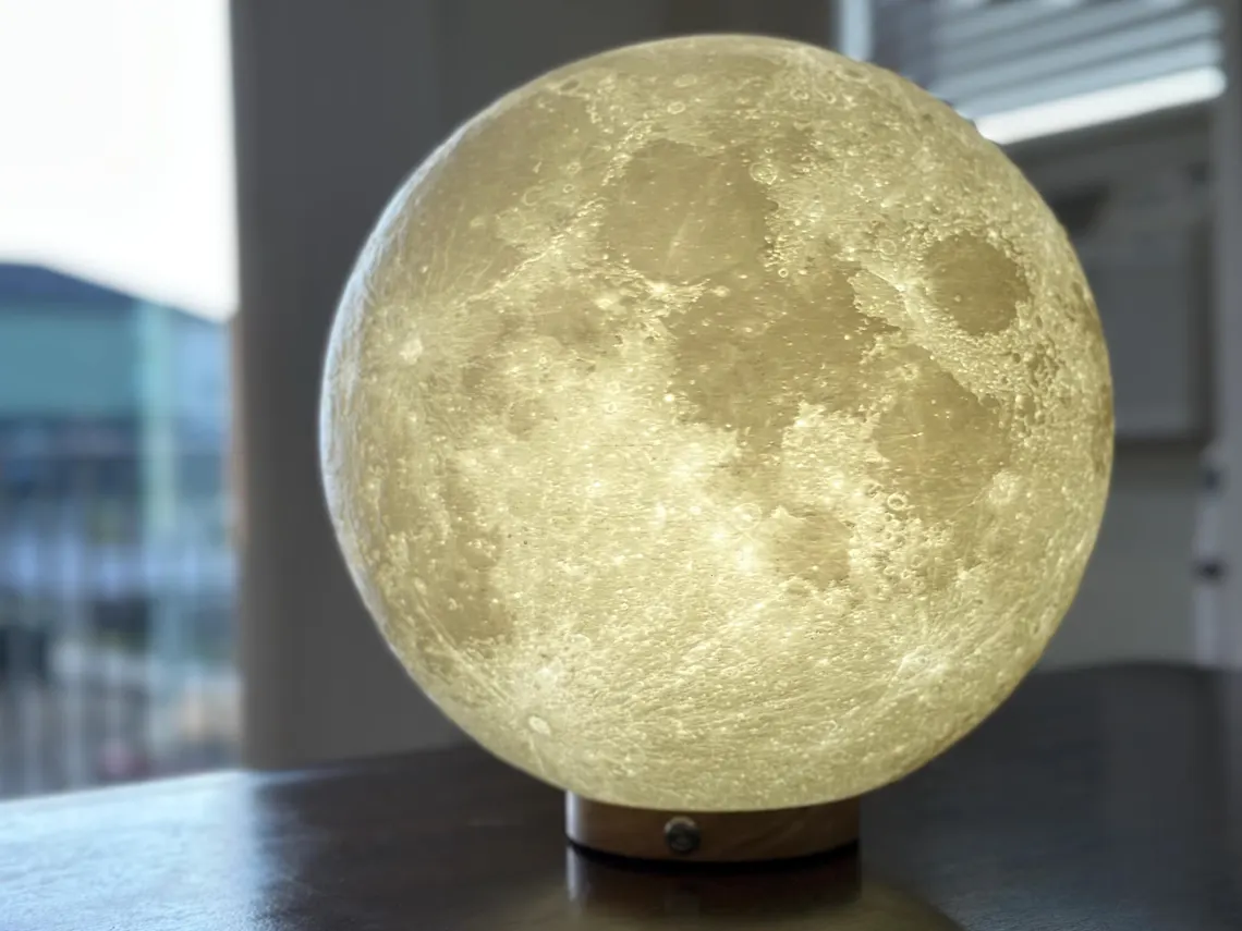 13 inch XXL moon lamp lit, showing the textured lunar surface